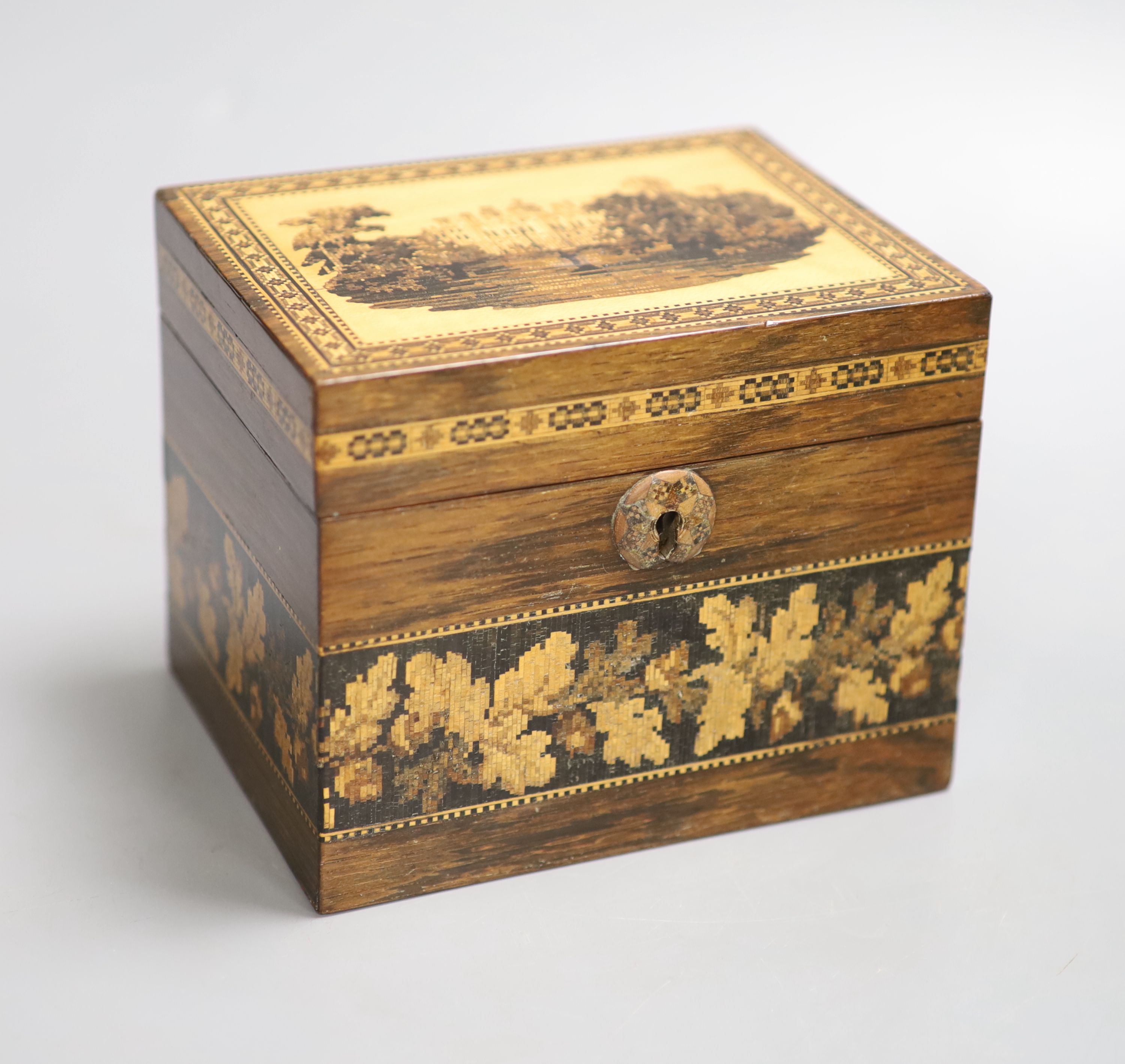 A late Victorian Tunbridge Ware rosewood tea caddy, inlaid to the top with Warwick Castle, W 14, H 11.5cm D 11cm